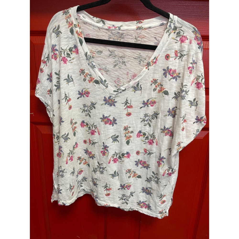 Lucky Brand Floral V-Neck Short Sleeve Slub Knit Tee White XL